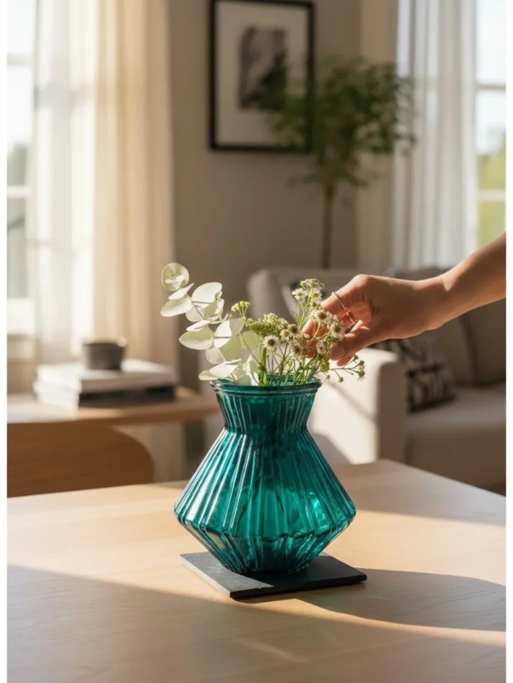 Teal Glass Fluted Vase With Wide Base & Narrow Opening Ribbed - Vintage